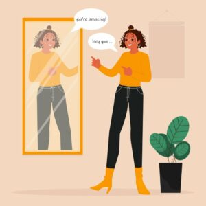 Girl facing mirror and practicing positive self-talk